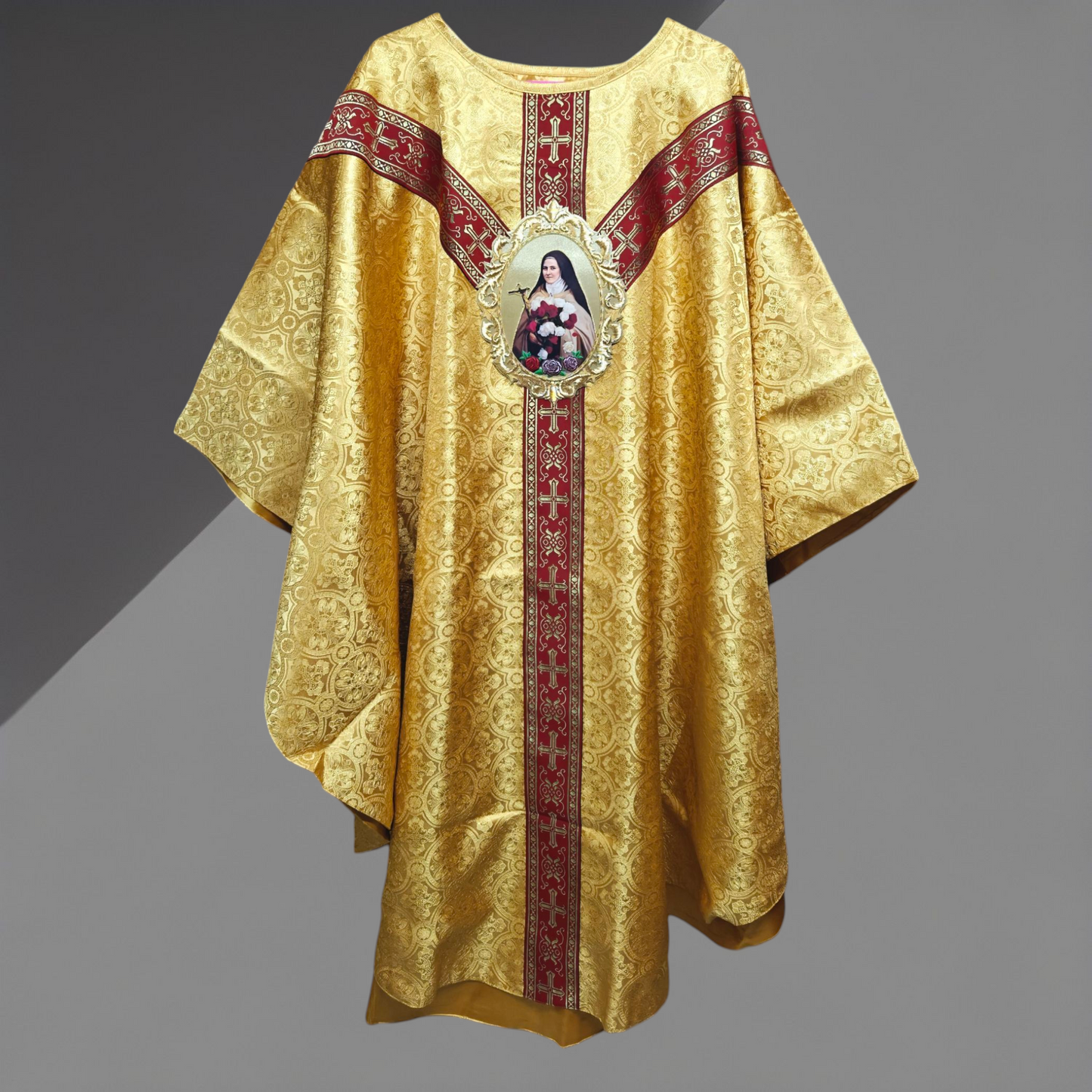 Gold Damask Chasuble with St. Therese Appliqué Catholic Priest Vestment Set