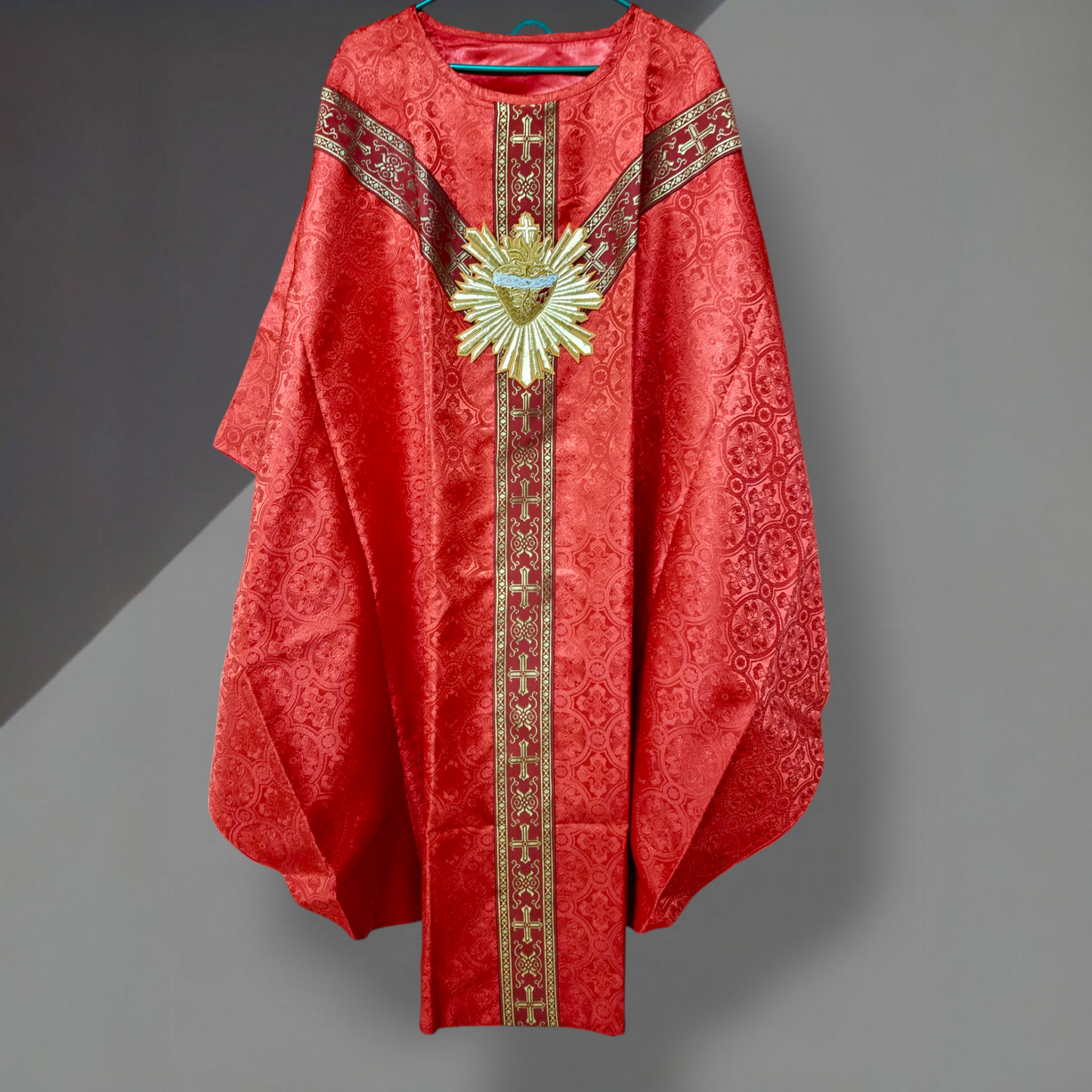 Hand-Embroidered Sacred Heart with Rays Chasuble in Damask & Matching Stole