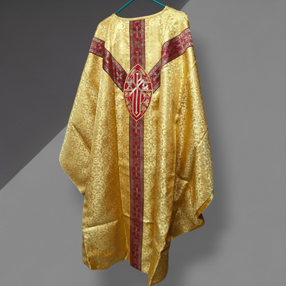 Hand-Embroidered Pelican Applique Oval Gold Chasuble in Damask & Matching Stole