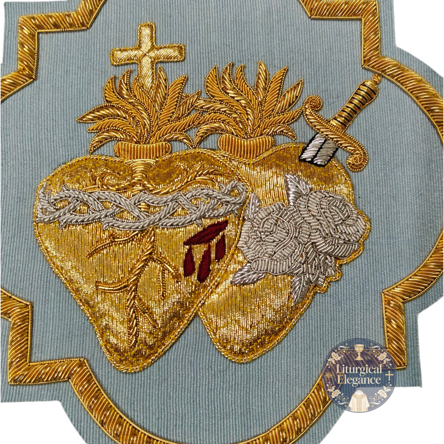 Sacred Heart of Jesus & Immaculate Heart of Mary United – Hand Embroidered Gold