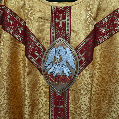 Hand-Embroidered Pelican Applique Oval Gold Chasuble in Damask & Matching Stole