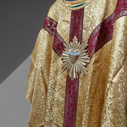 Hand-Embroidered Sacred Heart with Rays Chasuble in Damask & Matching Stole