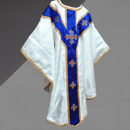 White Gothic Chasuble with Marian Applique Damask Fabric Vestment For Priest