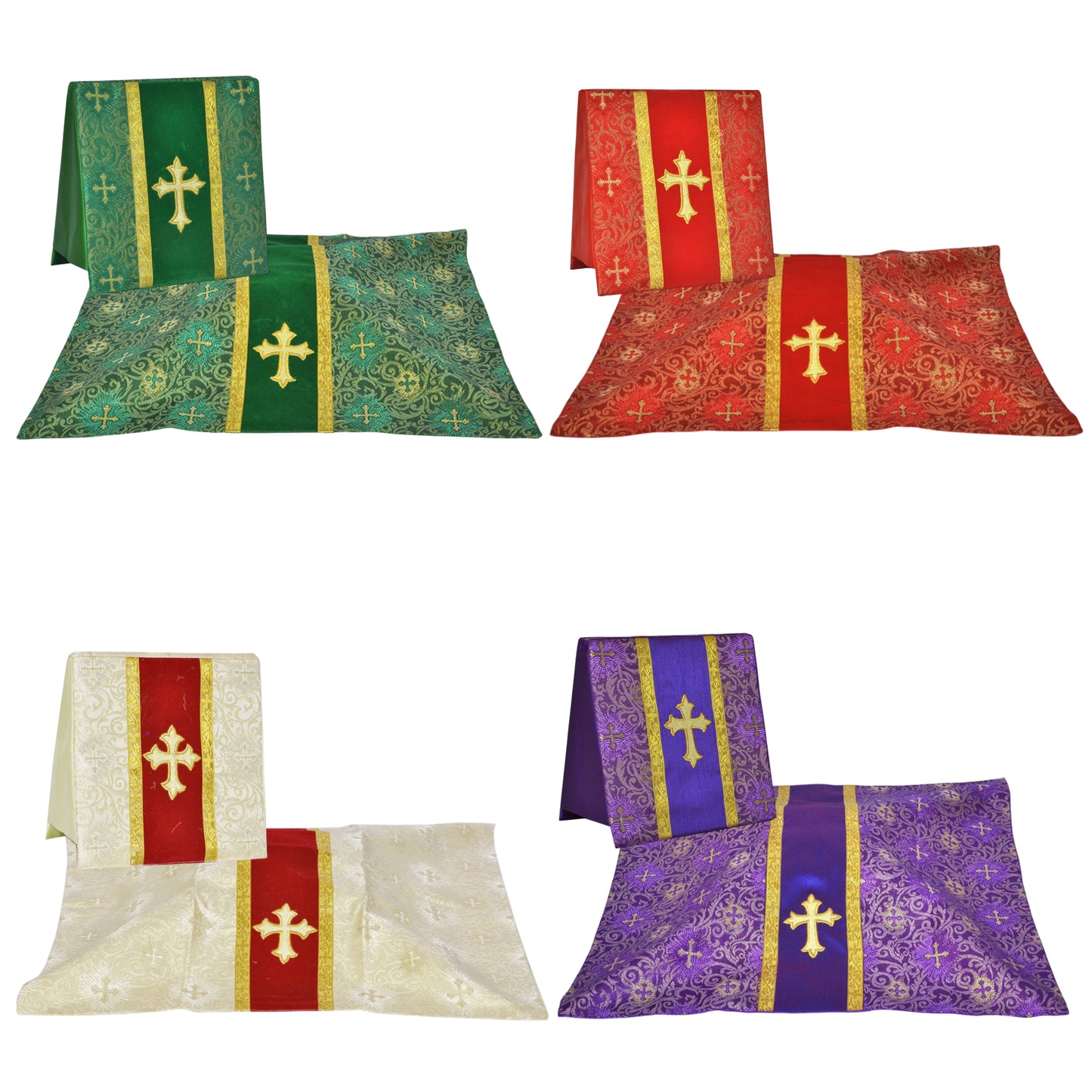 Set of 4 Silk Burse & Chalice Veil Sets – Embroidered Floral & Cross Design