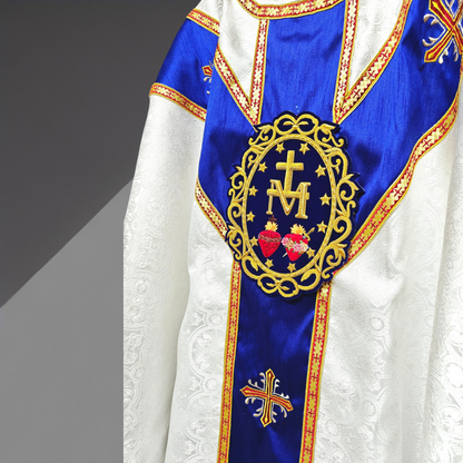 White Gothic Chasuble with Marian Applique Damask Fabric Vestment For Priest
