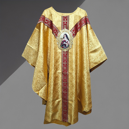 Gold Damask Chasuble with St. Therese Appliqué Catholic Priest Vestment Set