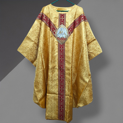 Hand-Embroidered Pelican Applique Oval Gold Chasuble in Damask & Matching Stole
