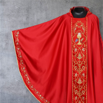 Gothic Chasuble with Embroidered IHS & Floral Orphrey Catholic Priest Vest