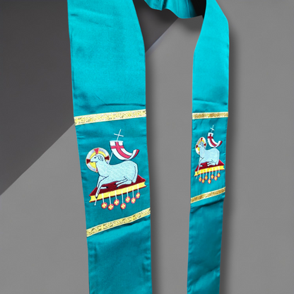 Green Priest Stole – AgnuDei (Lamb of God) Embroidered | Cross at Neck