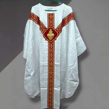 Hand-Embroidered Sacred Heart Red Chasuble in Damask & Matching Stole