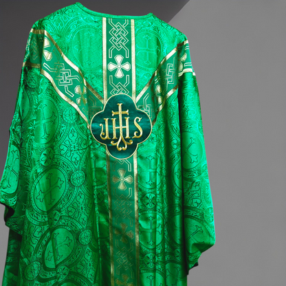 Green Gothic Chasuble with St. Andrew Orphreys | PX & IHS Motifs with Stole