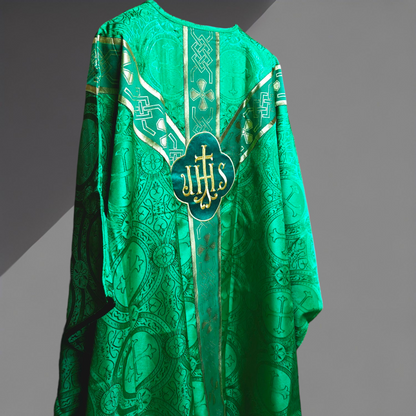 Green Gothic Chasuble with St. Andrew Orphreys | PX & IHS Motifs with Stole