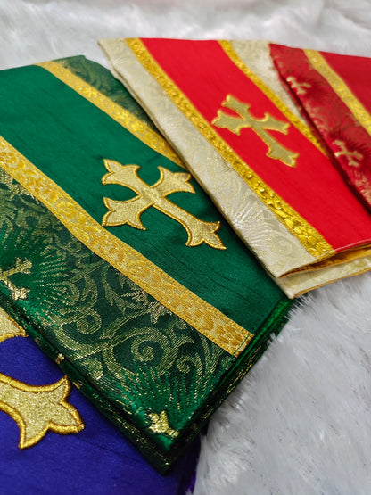 Set of 4 Silk Burse & Chalice Veil Sets – Embroidered Floral & Cross Design