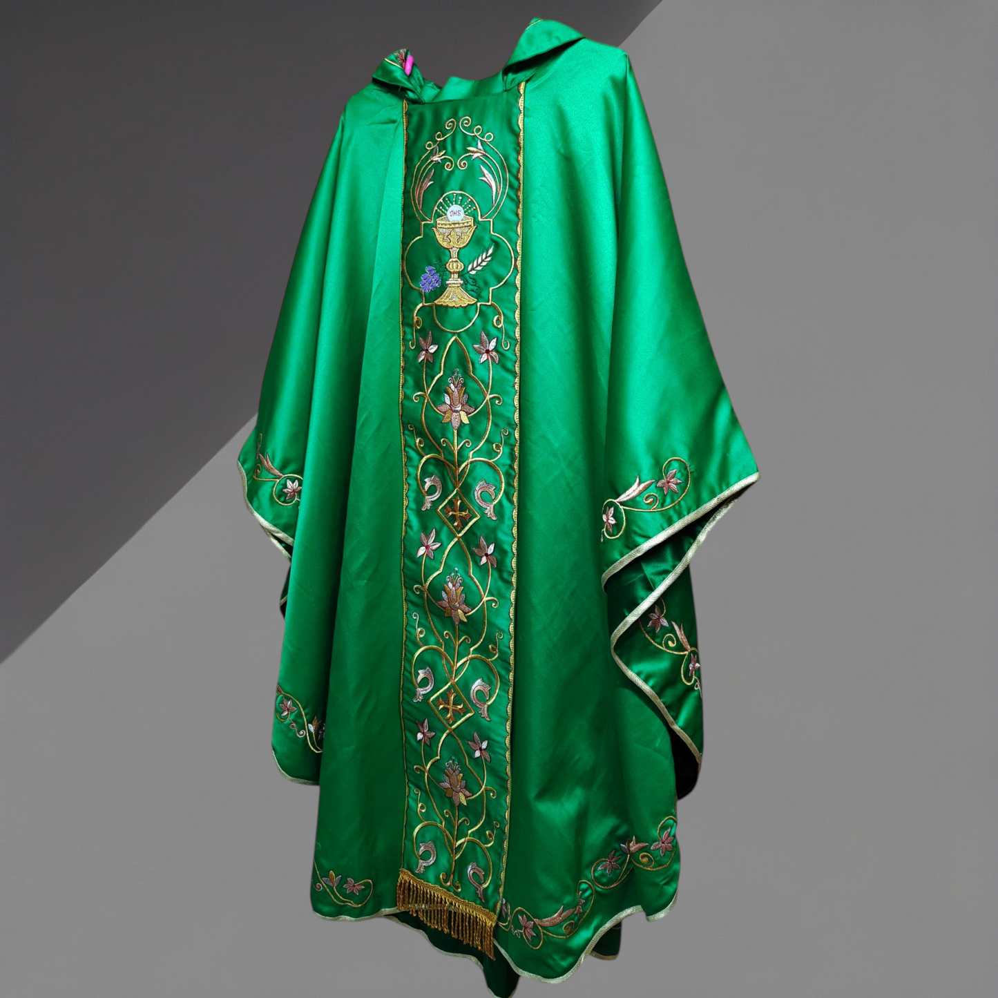 Gothic Chasuble with Embroidered IHS & Floral Orphrey Catholic Priest Vest