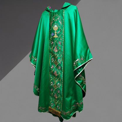 Gothic Chasuble with Embroidered IHS & Floral Orphrey Catholic Priest Vest