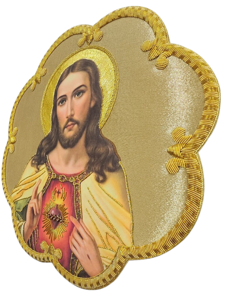 Sacred Heart of Jesus Appliqué | Hand-Embroidered &amp; Printed Vestment Icon Patch | Gold Bullion Wire on Gold Fabric