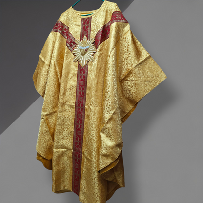 Hand-Embroidered Sacred Heart with Rays Chasuble in Damask & Matching Stole