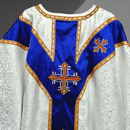 White Gothic Chasuble with Marian Applique Damask Fabric Vestment For Priest