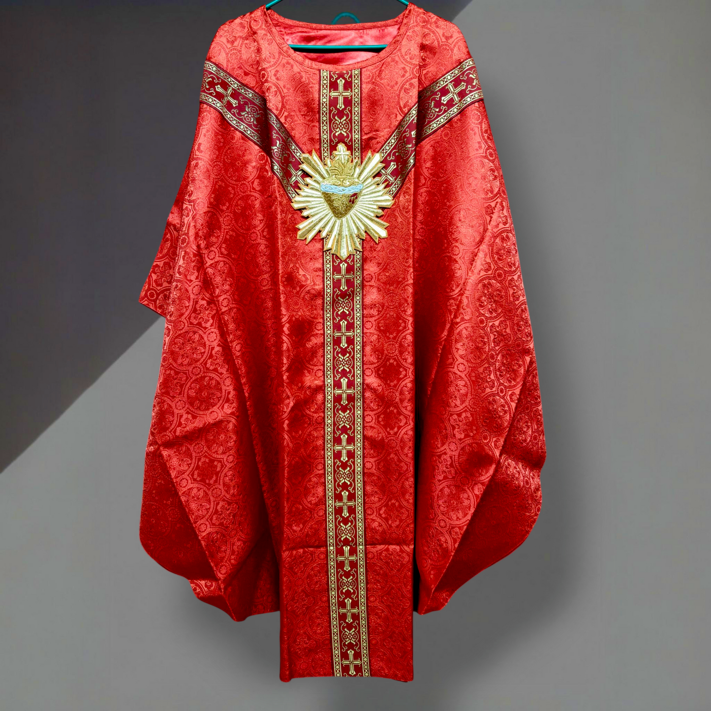 Hand-Embroidered Sacred Heart with Rays Chasuble in Damask & Matching Stole
