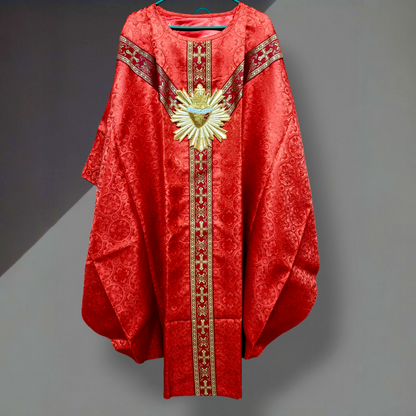 Hand-Embroidered Sacred Heart with Rays Chasuble in Damask & Matching Stole