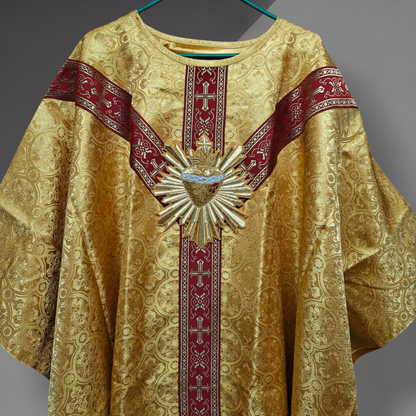 Hand-Embroidered Sacred Heart with Rays Chasuble in Damask & Matching Stole