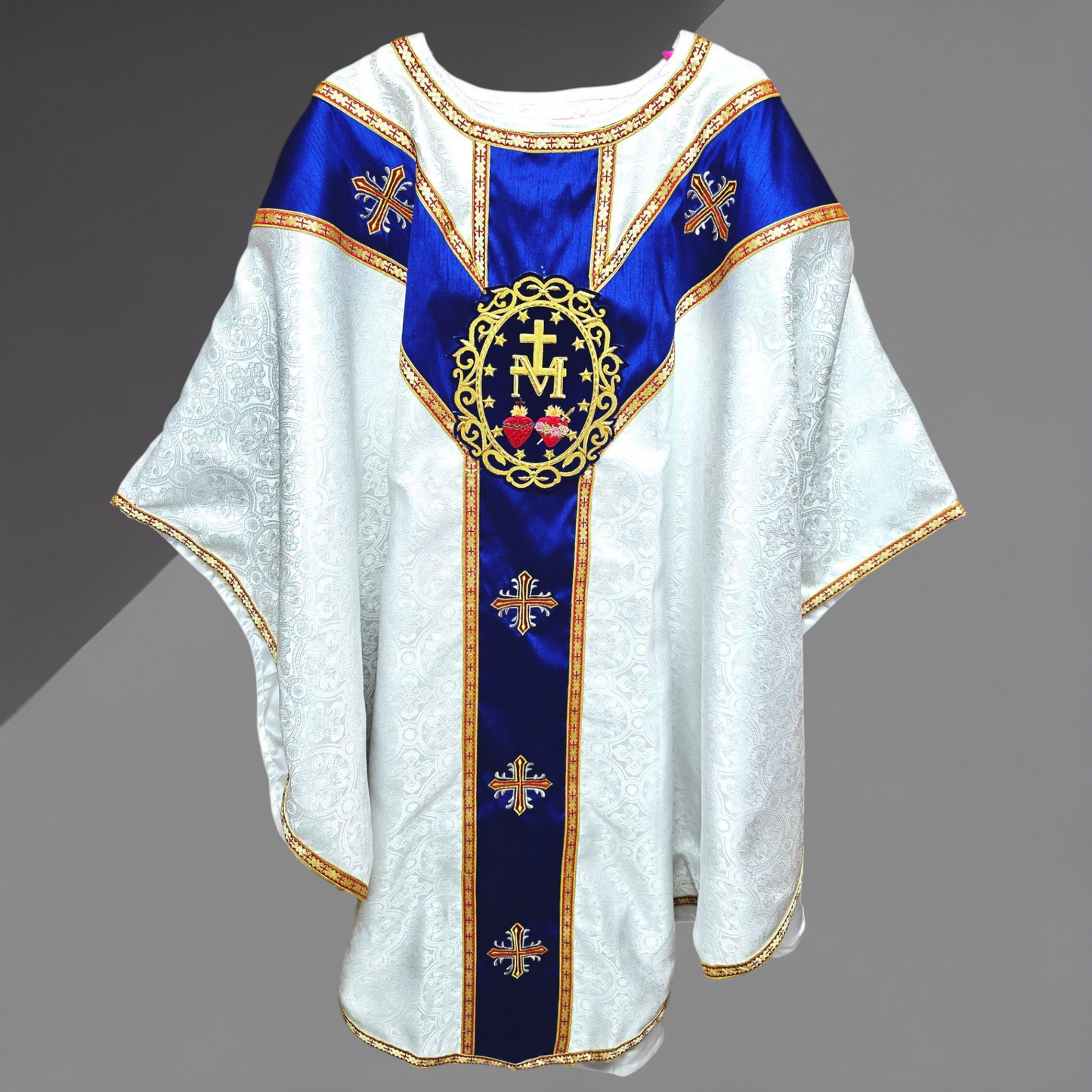 White Gothic Chasuble with Marian Applique Damask Fabric Vestment For Priest