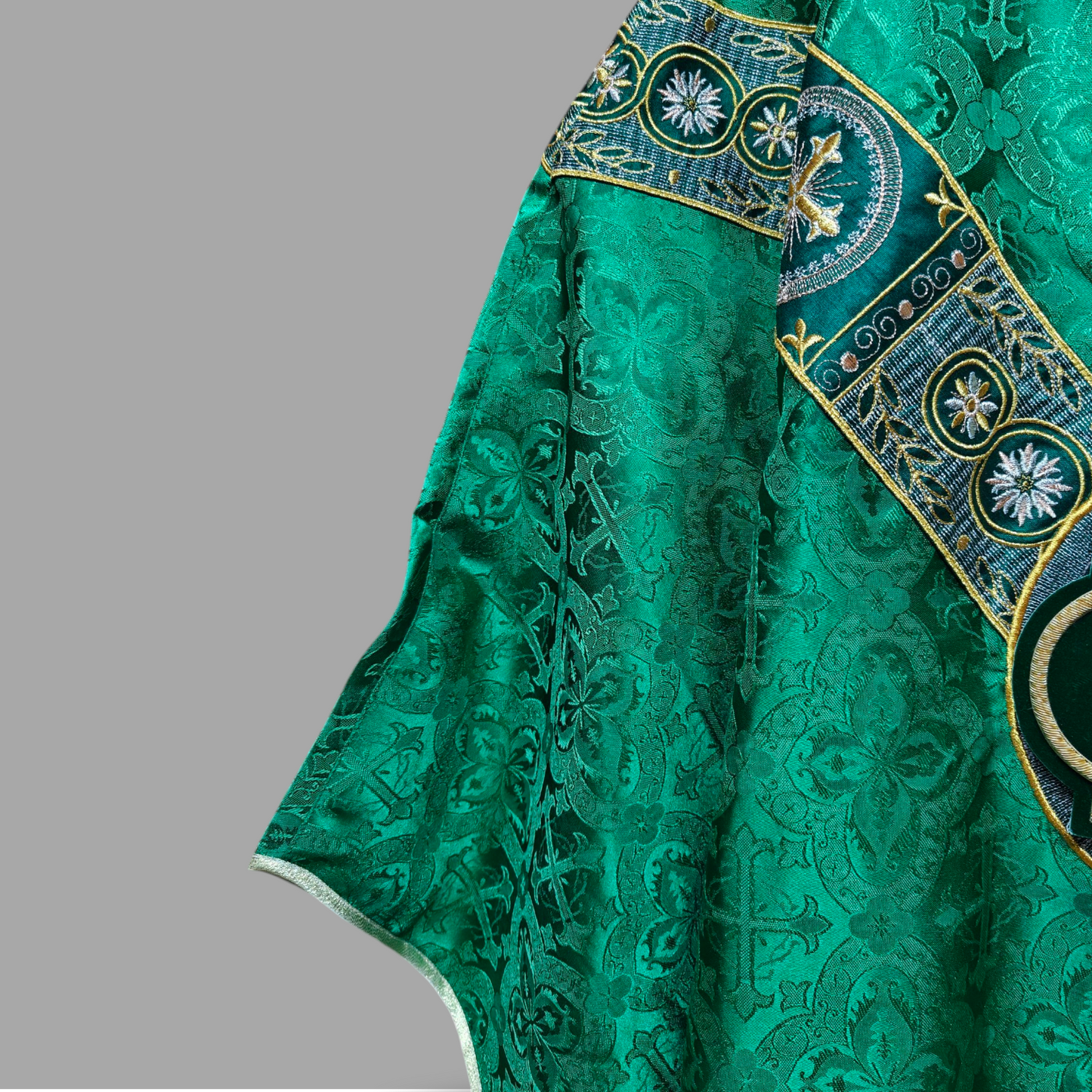 Hand-Embroidered Sacred Heart Green Chasuble in Church Damask & Fringed Stole.
