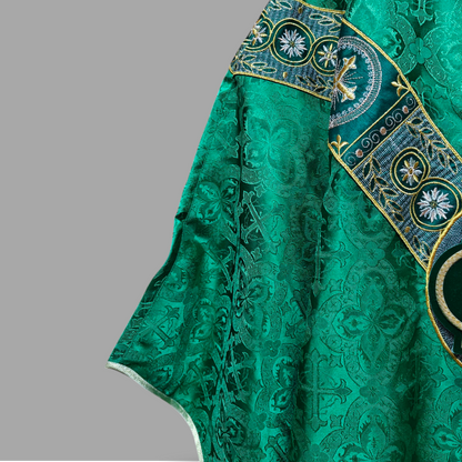 Hand-Embroidered Sacred Heart Green Chasuble in Church Damask & Fringed Stole.