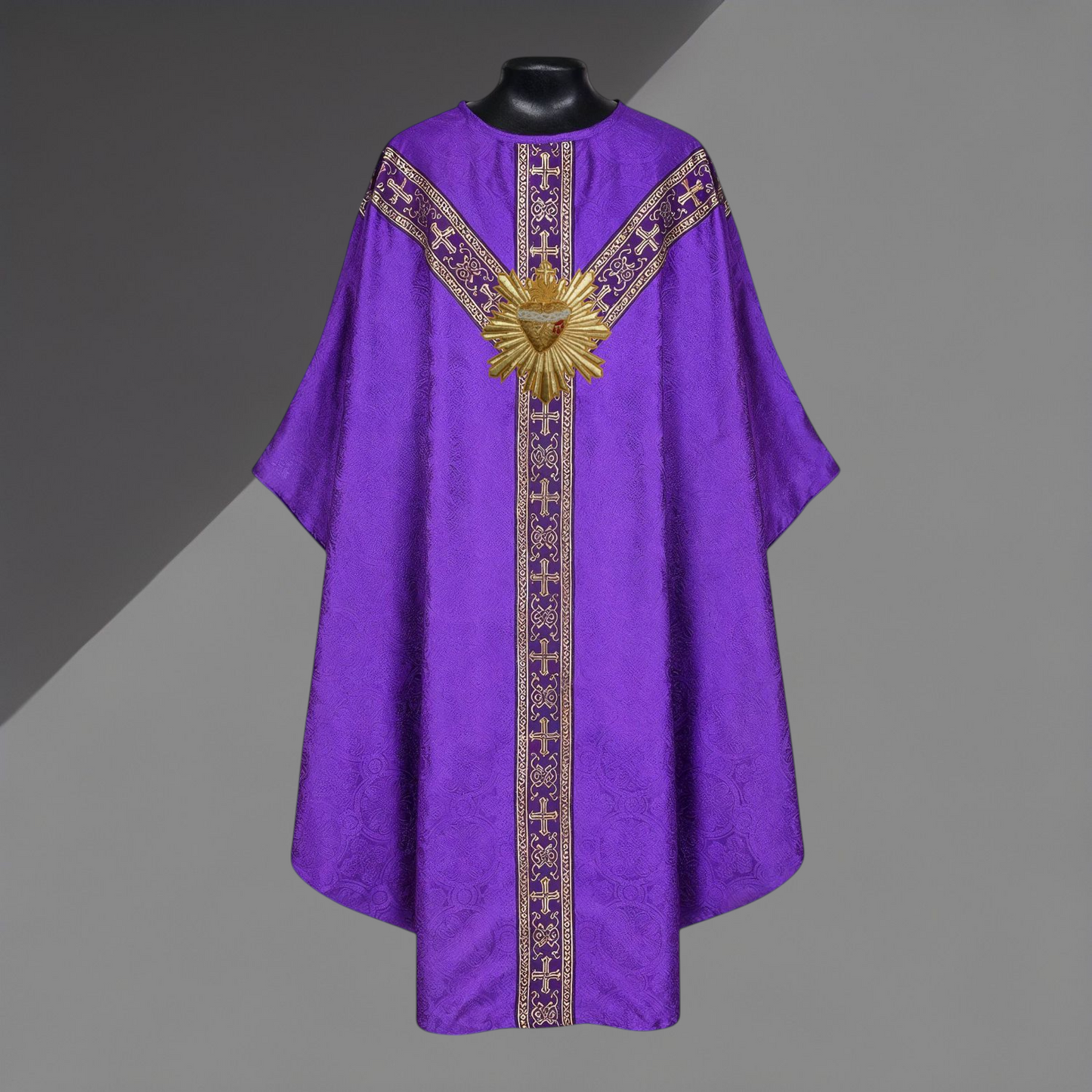 Hand-Embroidered Sacred Heart with Rays Chasuble in Damask & Matching Stole