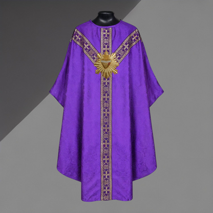 Hand-Embroidered Sacred Heart with Rays Chasuble in Damask & Matching Stole
