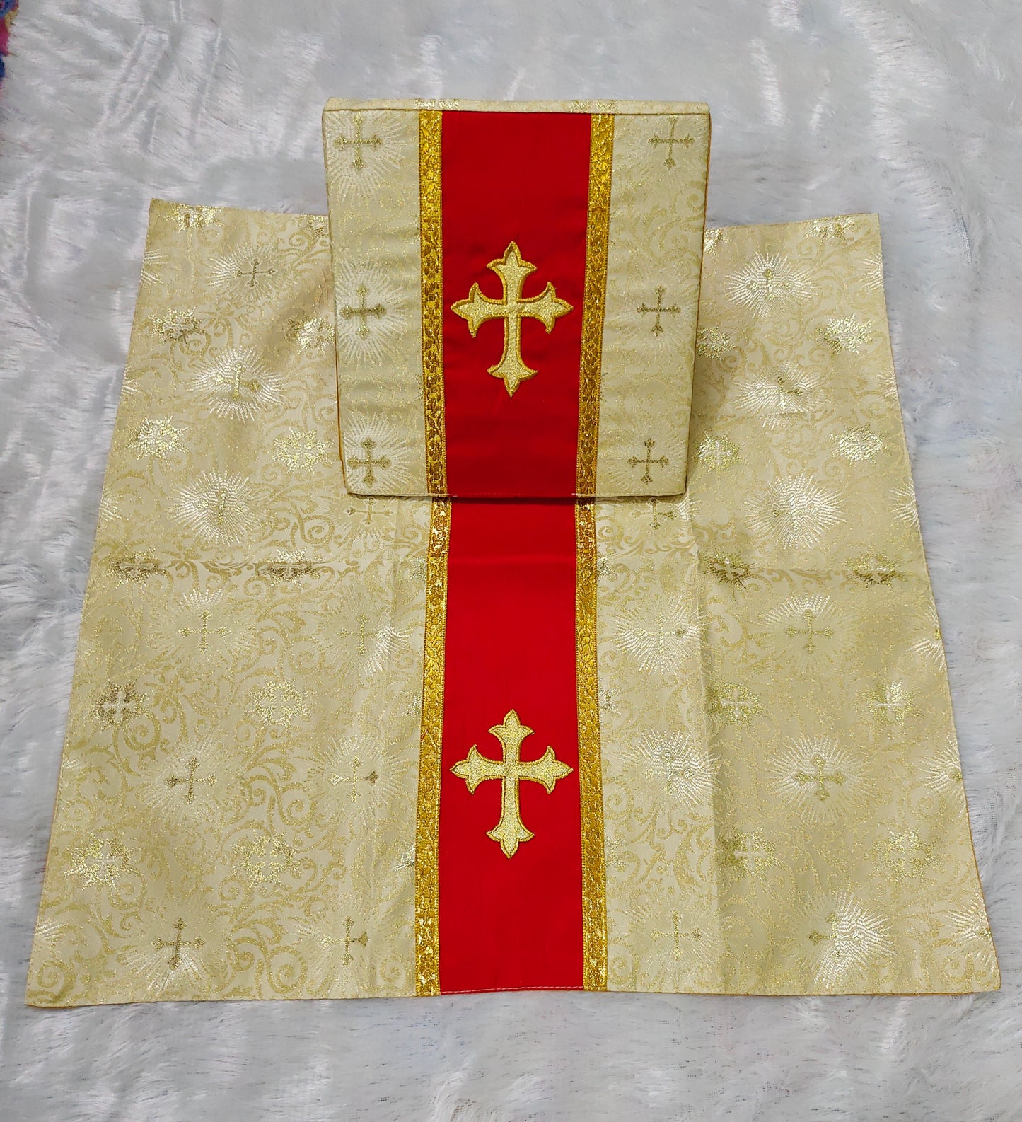 Set of 4 Silk Burse & Chalice Veil Sets – Embroidered Floral & Cross Design