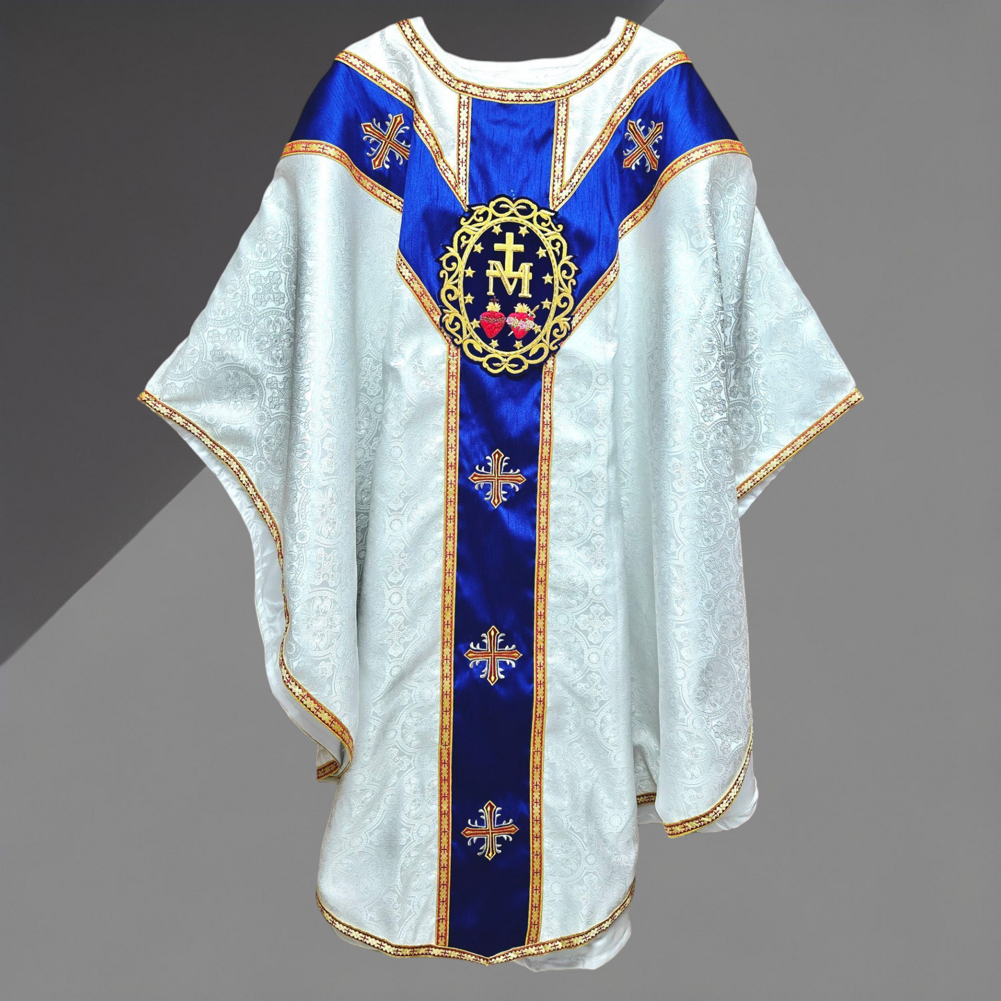 White Gothic Chasuble with Marian Applique Damask Fabric Vestment For Priest