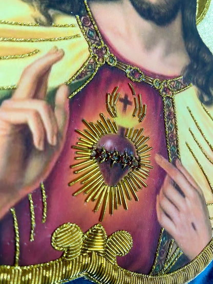 Sacred Heart of Jesus Appliqué | Hand-Embroidered &amp; Printed Vestment Icon Patch | Gold Bullion Wire on Gold Fabric