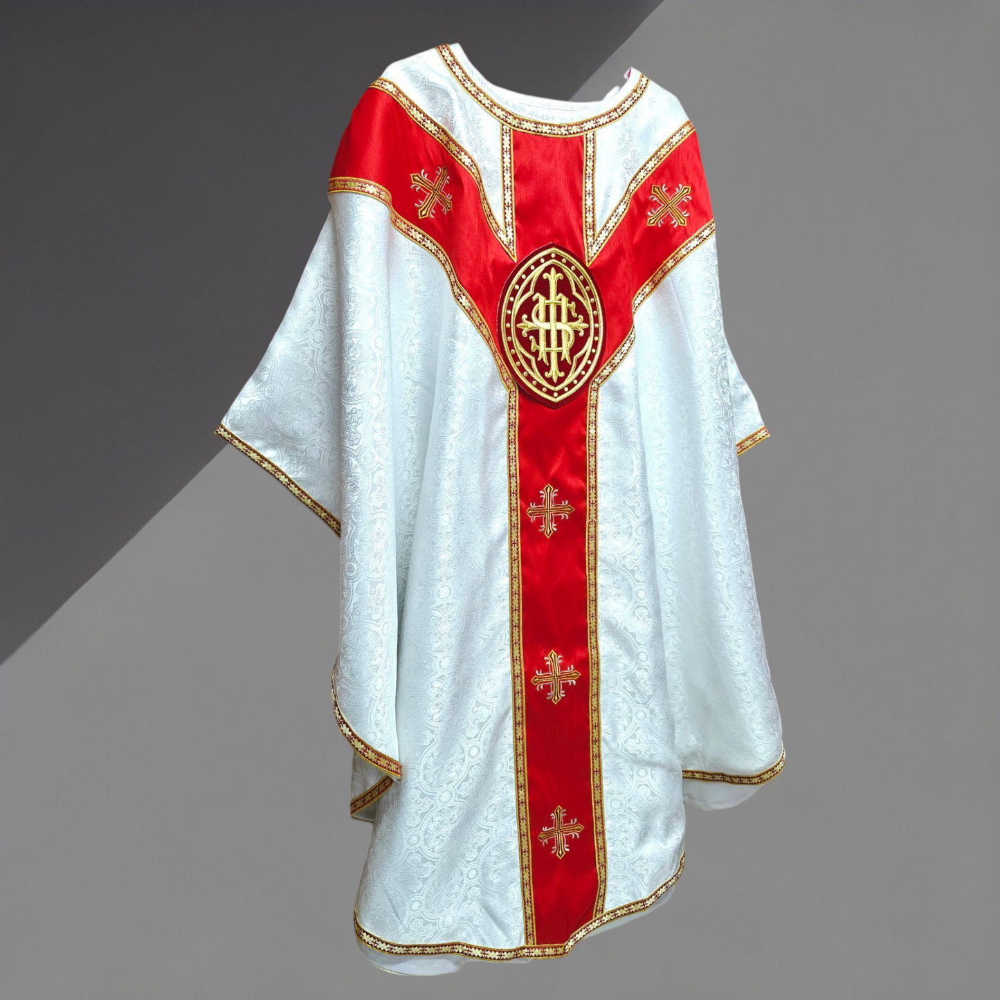 White Gothic Chasuble with IHS Applique Damask Fabric Vestment For Priest