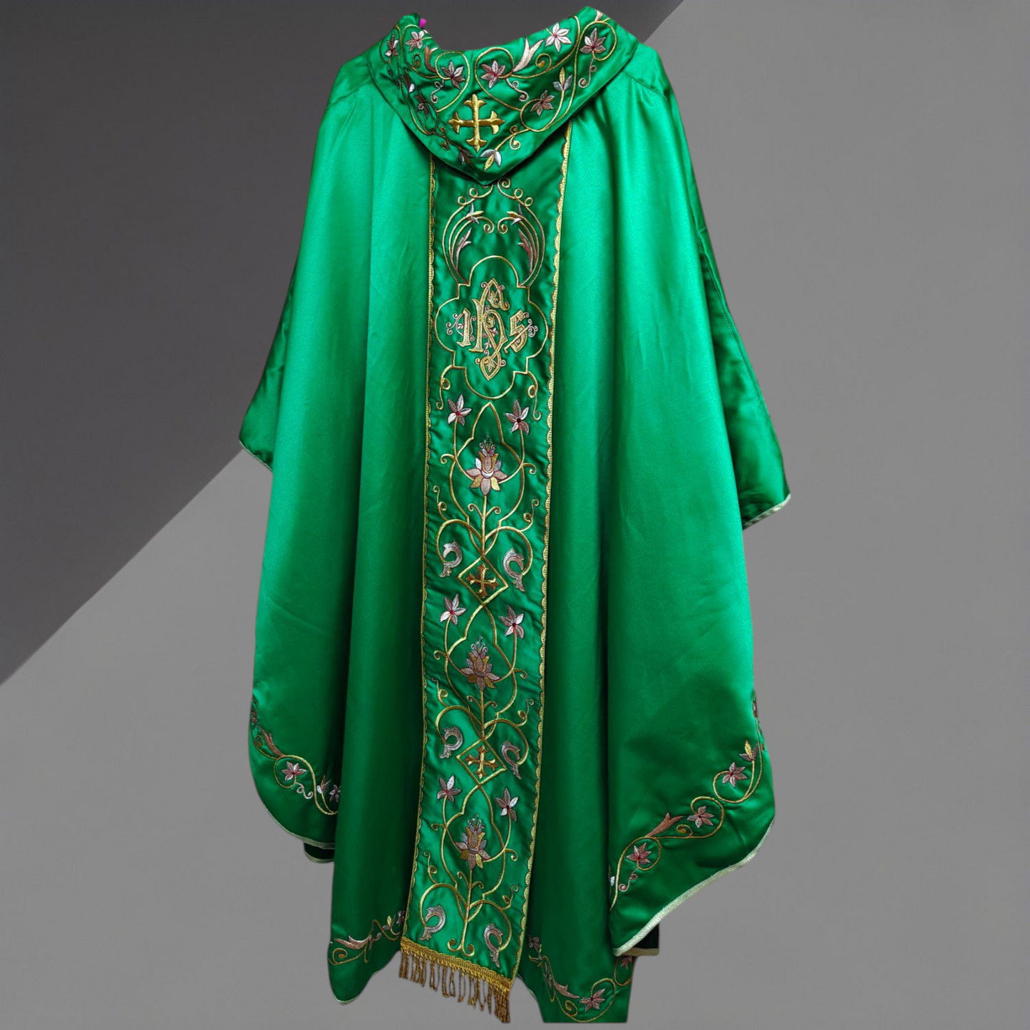 Gothic Chasuble with Embroidered IHS & Floral Orphrey Catholic Priest Vest