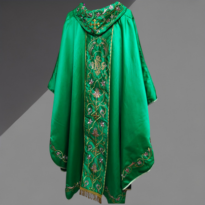 Gothic Chasuble with Embroidered IHS & Floral Orphrey Catholic Priest Vest