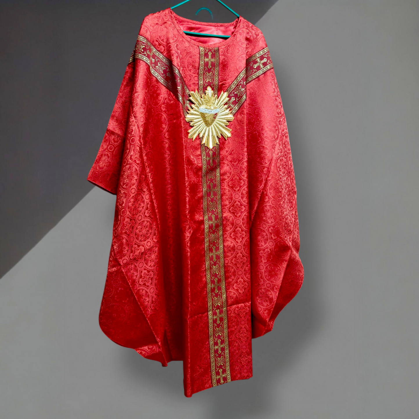Hand-Embroidered Sacred Heart with Rays Chasuble in Damask & Matching Stole