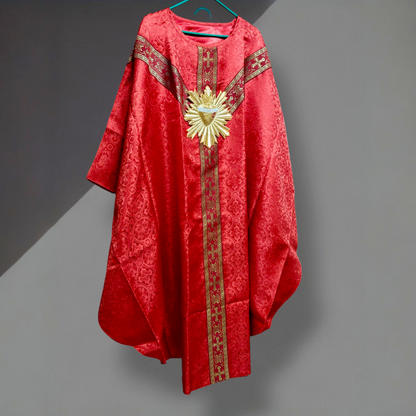 Hand-Embroidered Sacred Heart with Rays Chasuble in Damask & Matching Stole