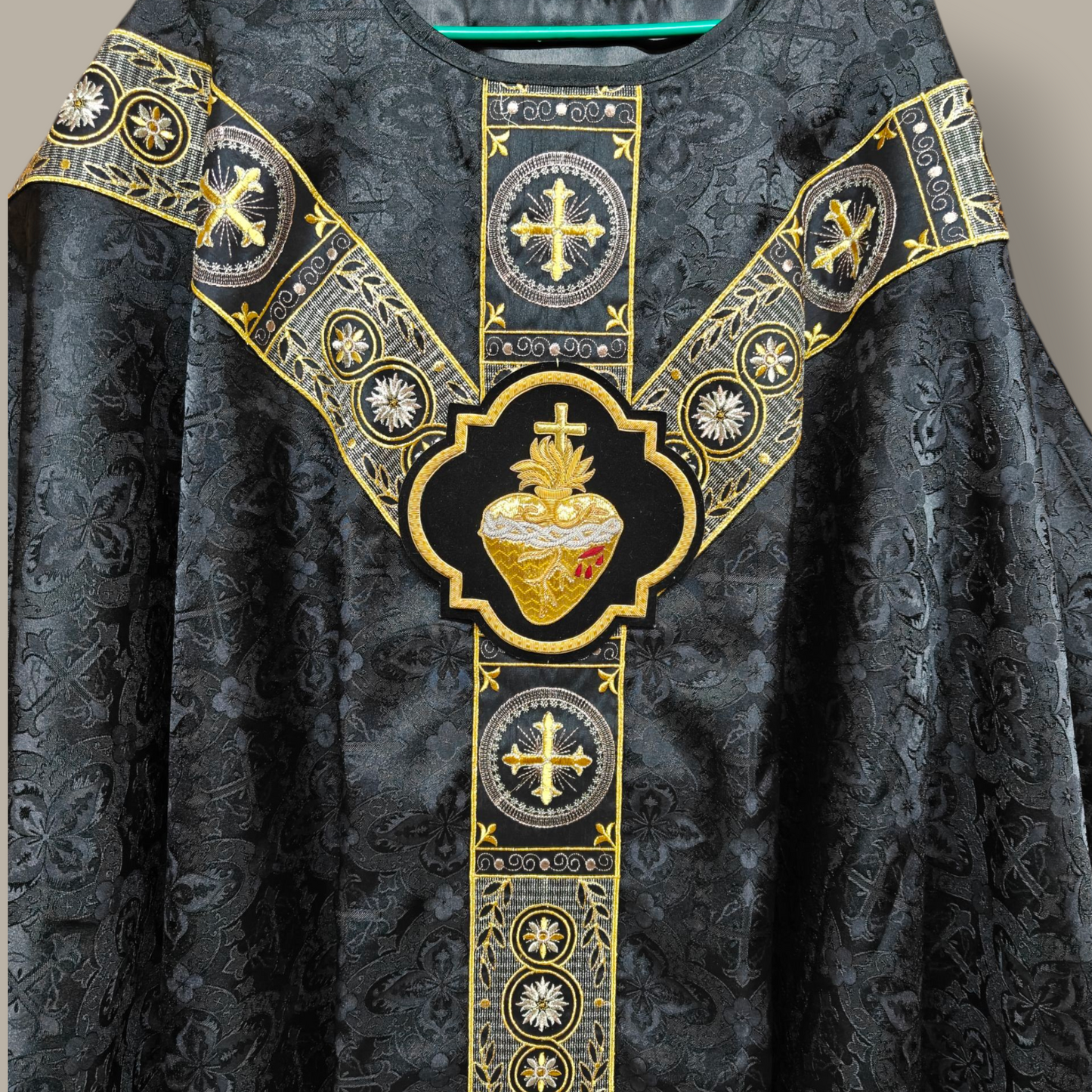 Hand-Embroidered Sacred Heart Black Chasuble in Church Damask & Fringed Stole