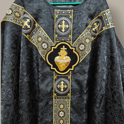 Hand-Embroidered Sacred Heart Black Chasuble in Church Damask & Fringed Stole