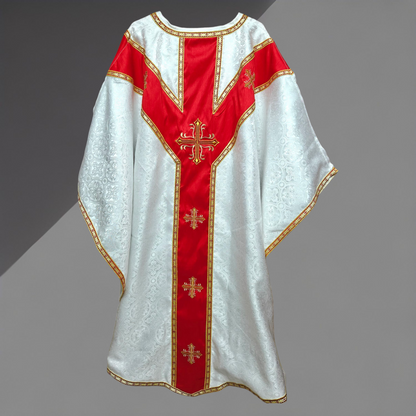 White Gothic Chasuble with IHS Applique Damask Fabric Vestment For Priest