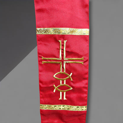Priest Stole – Cross & Fish (Ichthys) Embroidery | Cross at Neck | Fringed Ends