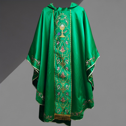 Gothic Chasuble with Embroidered IHS & Floral Orphrey Catholic Priest Vest