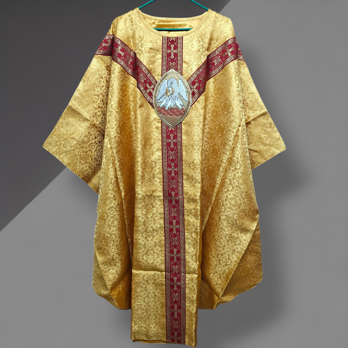 Hand-Embroidered Pelican Applique Oval Gold Chasuble in Damask & Matching Stole