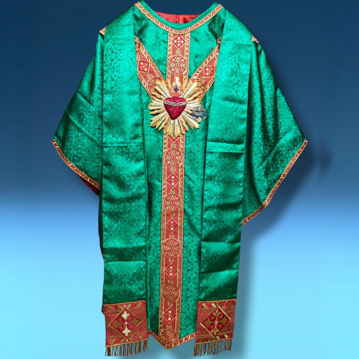 Green Gothic Chasuble with Hand Embroidered Sacred Heart Applique Low Mass Set