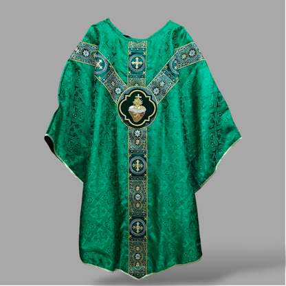 Hand-Embroidered Sacred Heart Green Chasuble in Church Damask & Fringed Stole.