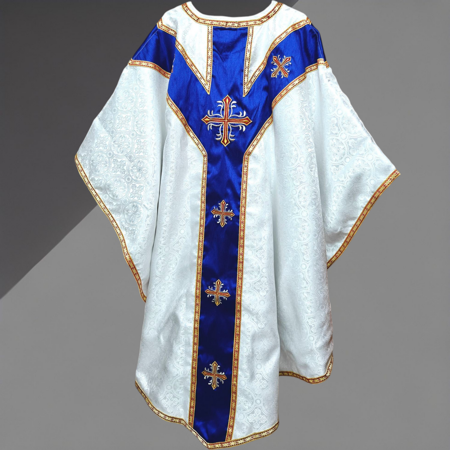 White Gothic Chasuble with Marian Applique Damask Fabric Vestment For Priest
