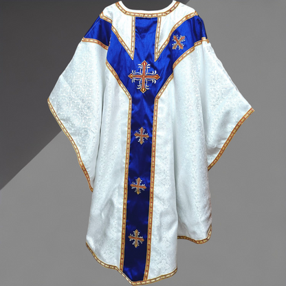 White Gothic Chasuble with Marian Applique Damask Fabric Vestment For Priest