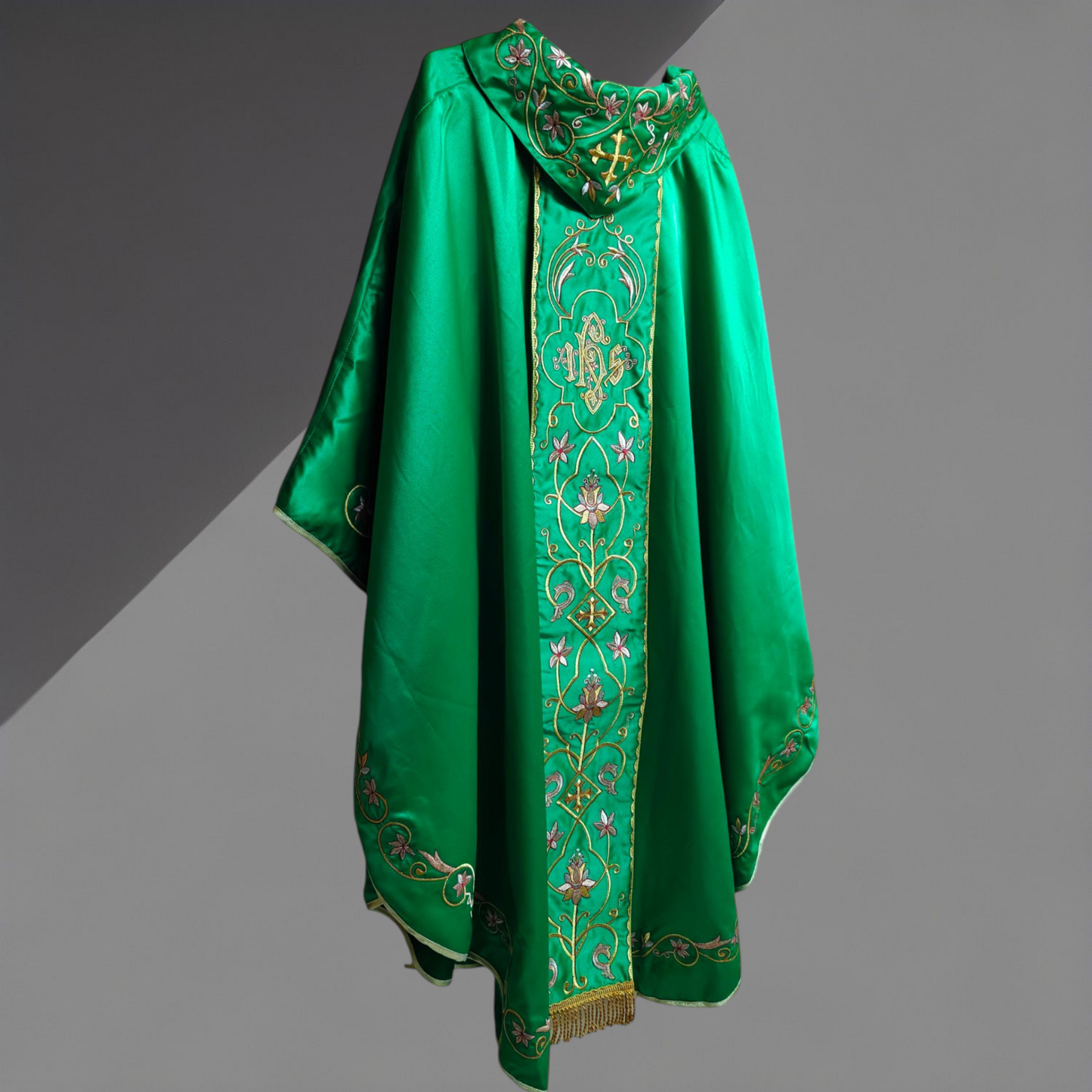 Gothic Chasuble with Embroidered IHS & Floral Orphrey Catholic Priest Vest