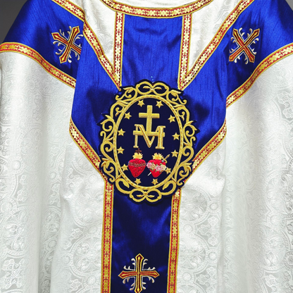 White Gothic Chasuble with Marian Applique Damask Fabric Vestment For Priest